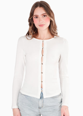 Blusa en rib con vivo en contraste en escote color blanco, marfil para mujer - Flashy
