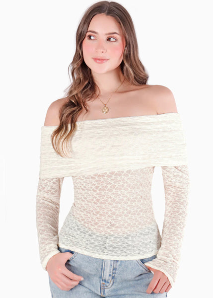 Blusa encaje off shoulder con recogidos en fajón - MANZANA