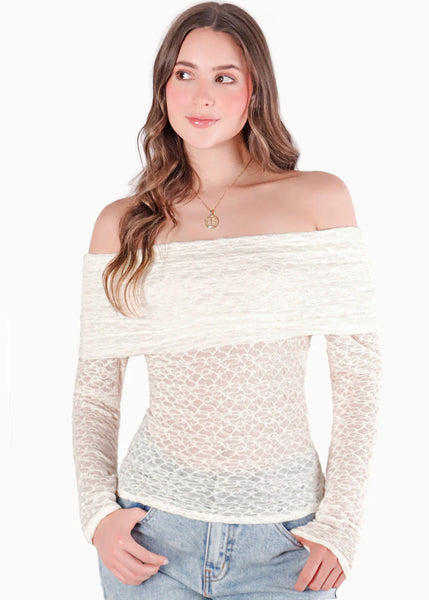 Blusa encaje off shoulder con recogidos en fajón - MANZANA