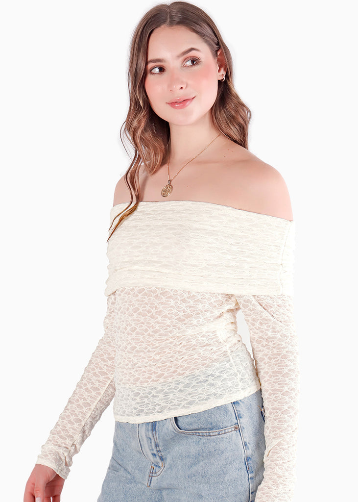 Blusa encaje off shoulder con recogidos en fajón - MANZANA