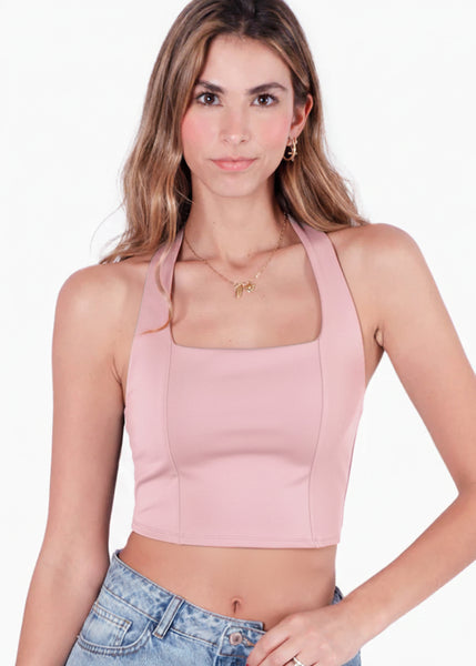 Blusa halter con encaje en escote - MANDARINA