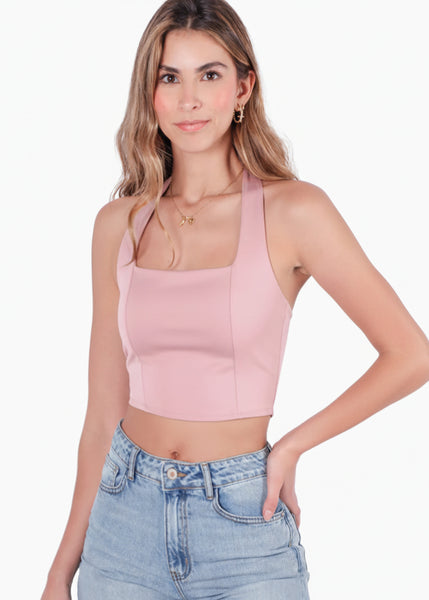 Blusa halter con encaje en escote - MANDARINA