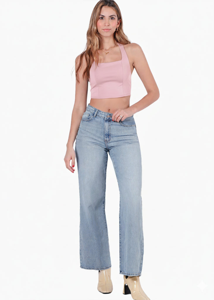 Blusa halter con encaje en escote - MANDARINA