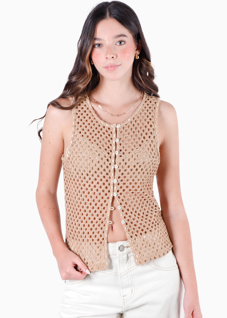 Blusa larga con botones y tela tipo crochet color beige para mujer - Flashy