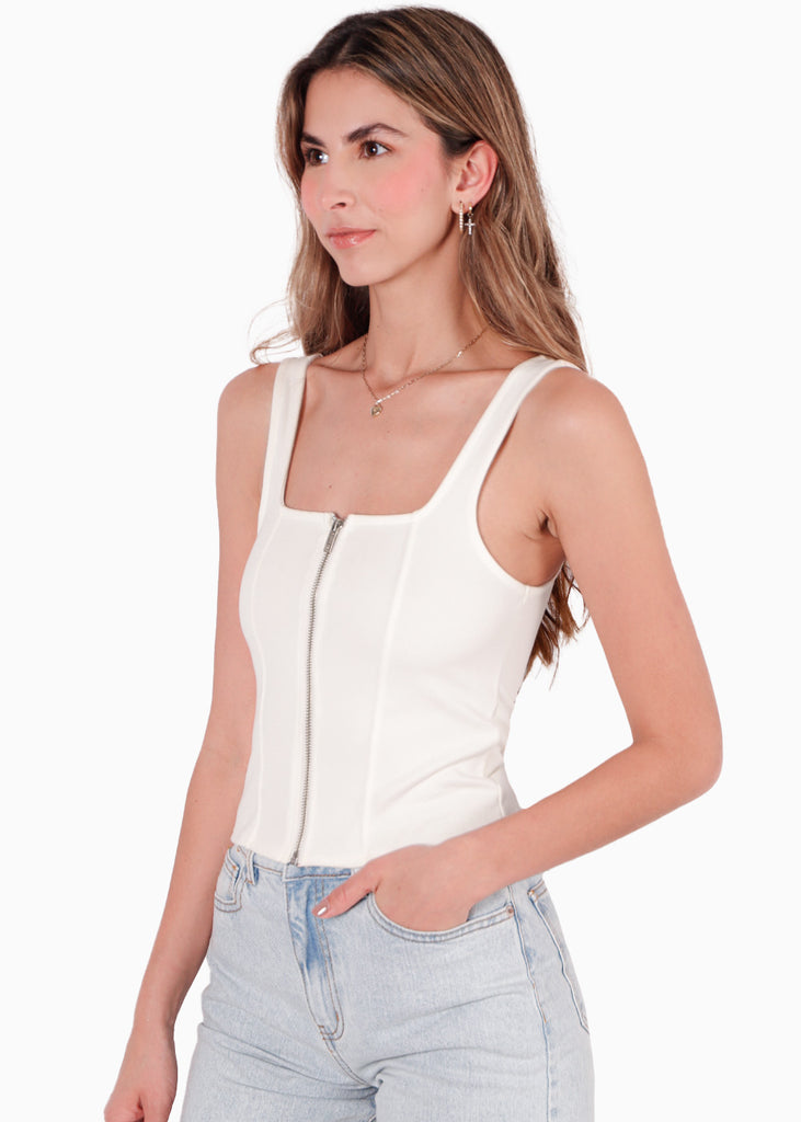 Blusa larga tipo corset con cierre delantero y tela tipo gamuza color blanco, marfil para mujer - Flashy