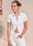 Blusa manga corta con botones y cuello color blanco, marfil para mujer - Flashy
