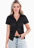 Blusa manga corta con botones y cuello color negro para mujer - Flashy