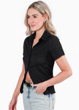 Blusa manga corta con botones y cuello color negro para mujer - Flashy