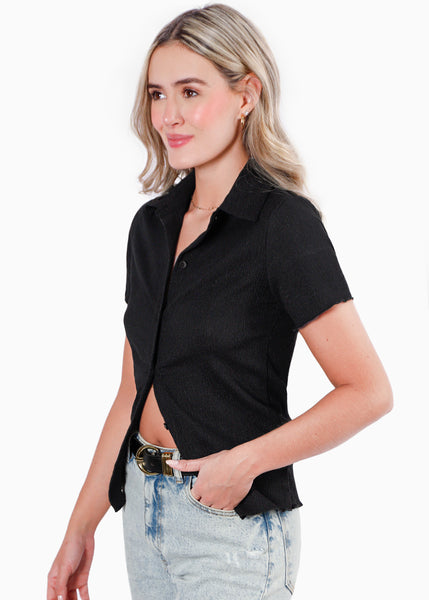 Blusa manga corta con botones y cuello color negro para mujer - Flashy