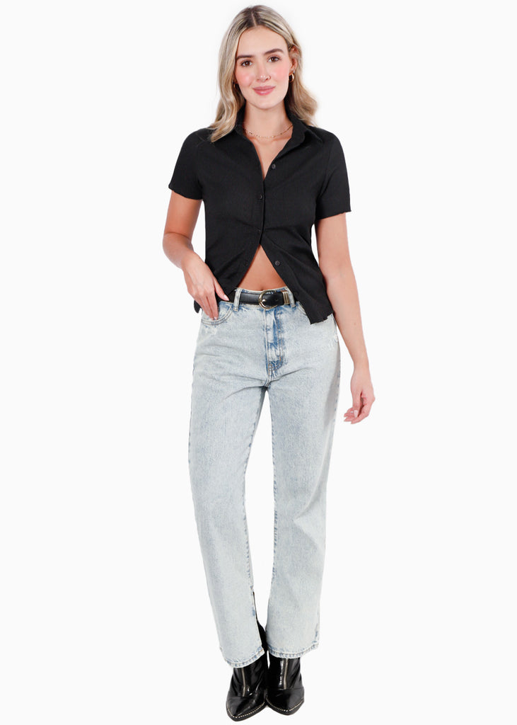 Blusa manga corta con botones y cuello color negro para mujer - Flashy