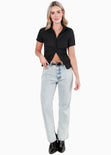 Blusa manga corta con botones y cuello color negro para mujer - Flashy