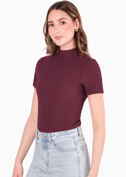 Blusa manga corta con cuello alto color vino para mujer - Flashy
