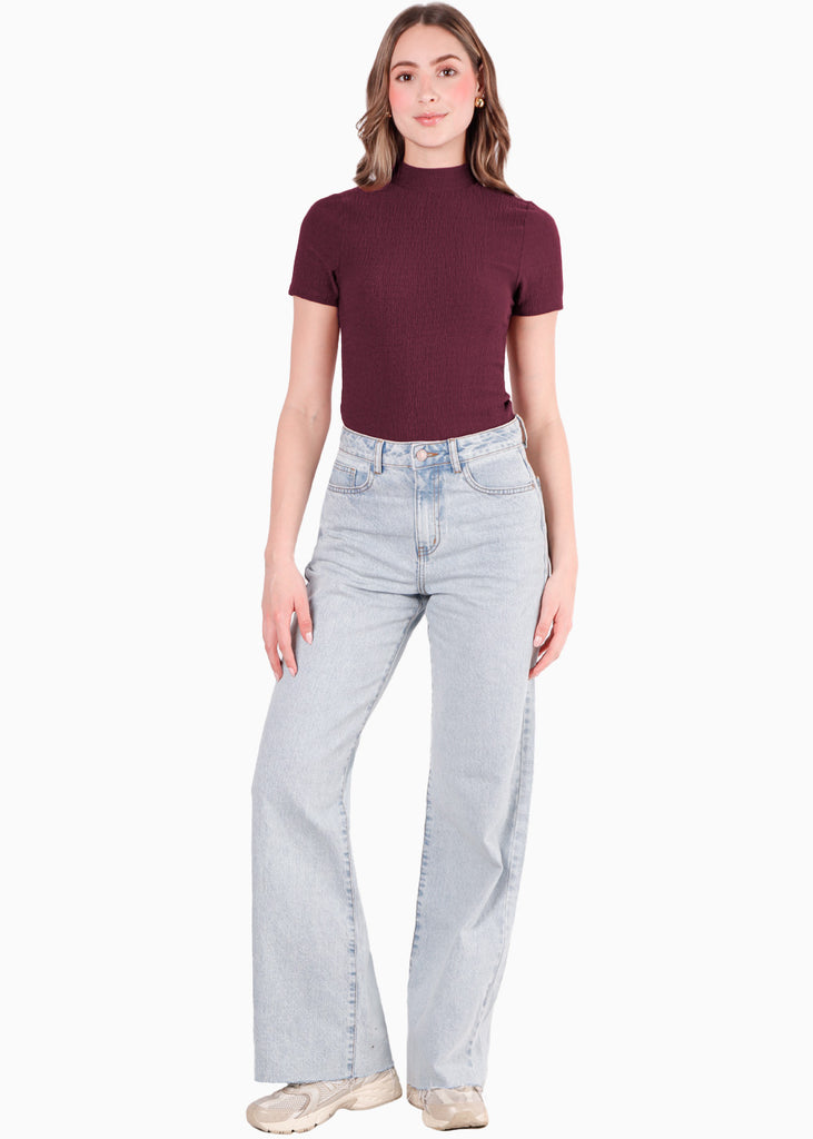 Blusa manga corta con cuello alto color vino para mujer - Flashy