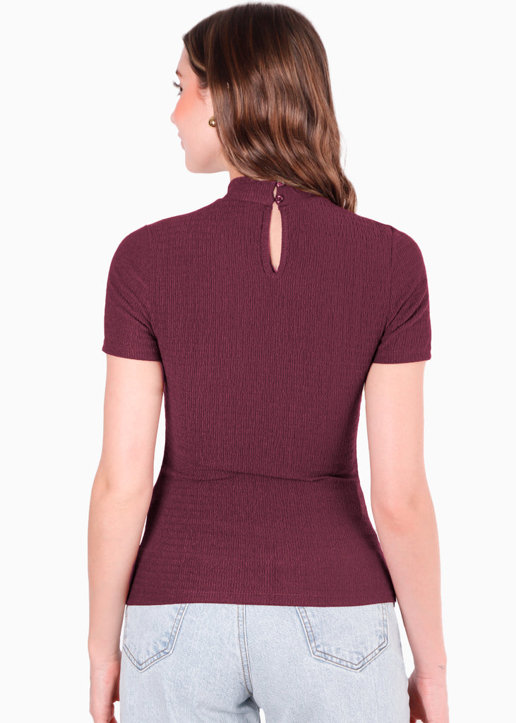 Blusa manga corta con cuello alto color vino para mujer - Flashy