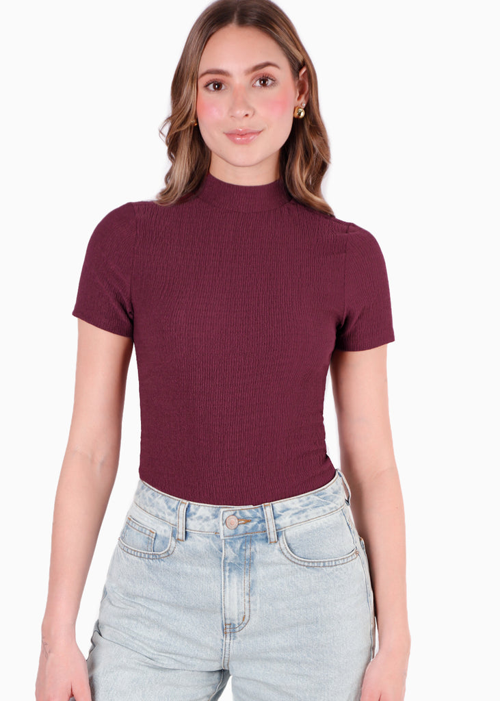 Blusa manga corta con cuello alto color vino para mujer - Flashy