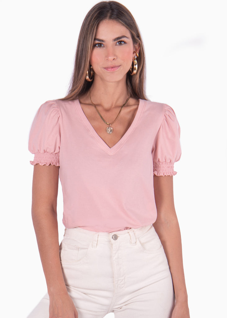 Camiseta manga corta con escote en v y mangas embombadas - LAVANDA