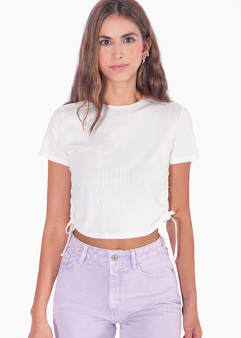 Blusa manga corta con recogido en costados color marfil, blanco para mujer - Flashy