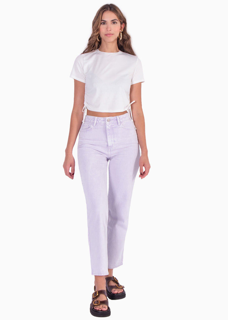 Blusa manga corta con recogido en costados color marfil, blanco para mujer - Flashy