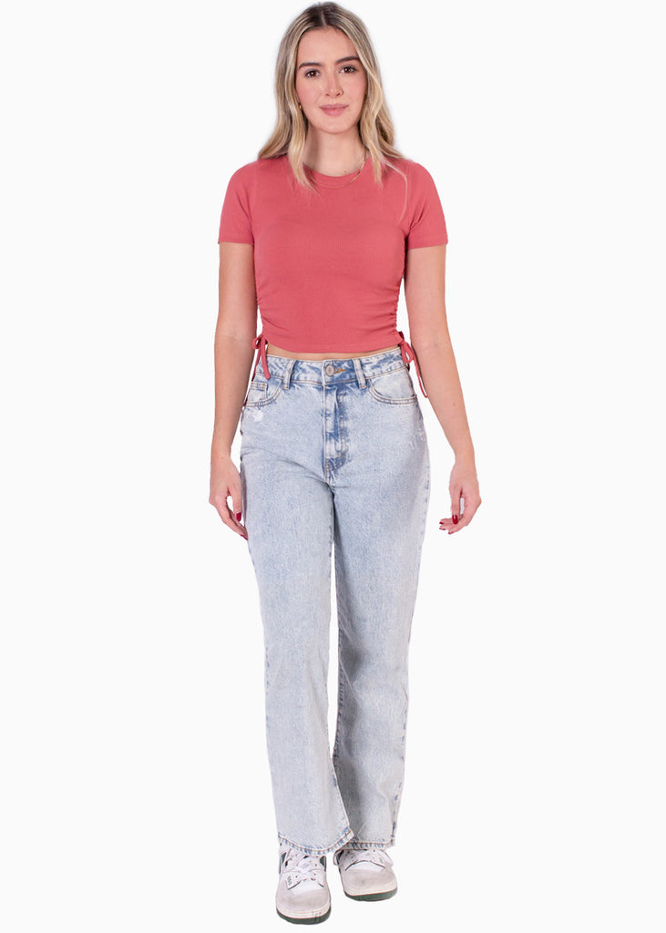 Blusa manga corta con recogidos en laterales color rosado para mujer - Flashy