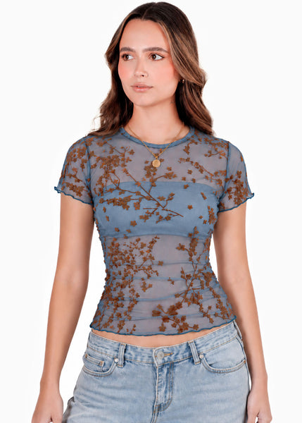 Blusa manga corta en encaje con top interno - RIVAS.AZUL