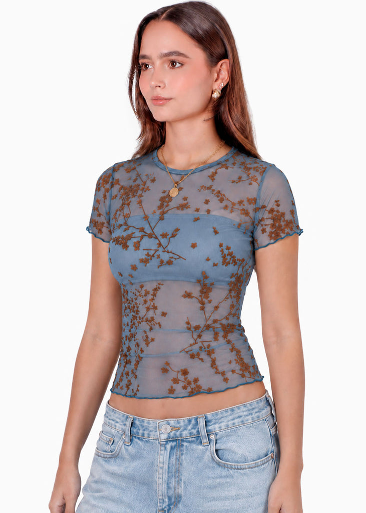 Blusa manga corta en encaje con top interno - RIVAS.AZUL