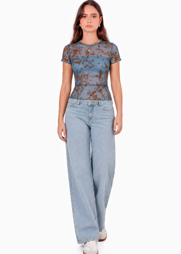 Blusa manga corta en encaje con top interno - RIVAS.AZUL