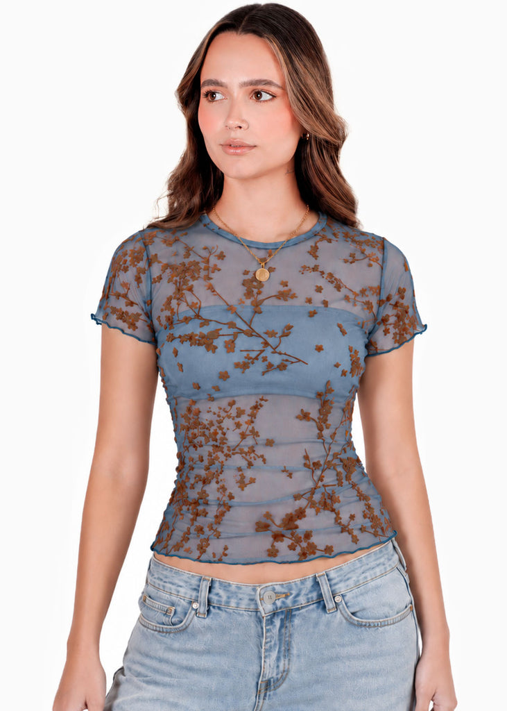 Blusa manga corta en encaje con top interno - RIVAS.AZUL