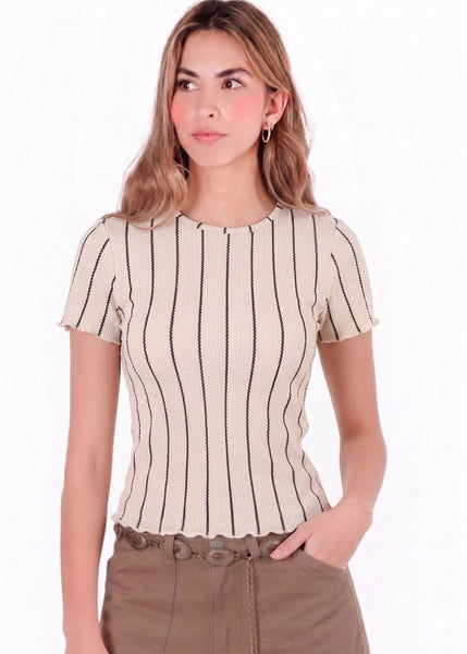Blusa manga corta beige de rayas - ARENA