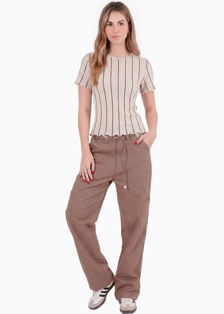 Blusa manga corta beige de rayas - ARENA
