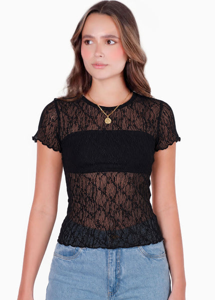 Blusa manga corta en encaje con top interno - RIVAS.NEGRO