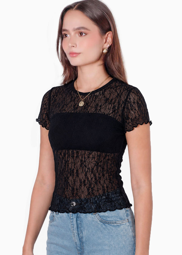 Blusa manga corta en encaje con top interno - RIVAS.NEGRO