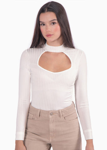Blusa manga larga con abertura cut out en escote color blanco, marfil para mujer - Flashy