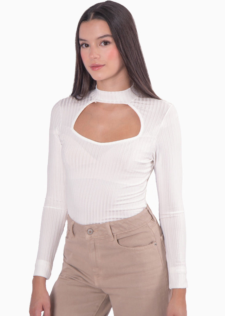 Blusa manga larga con abertura cut out en escote color blanco, marfil para mujer - Flashy