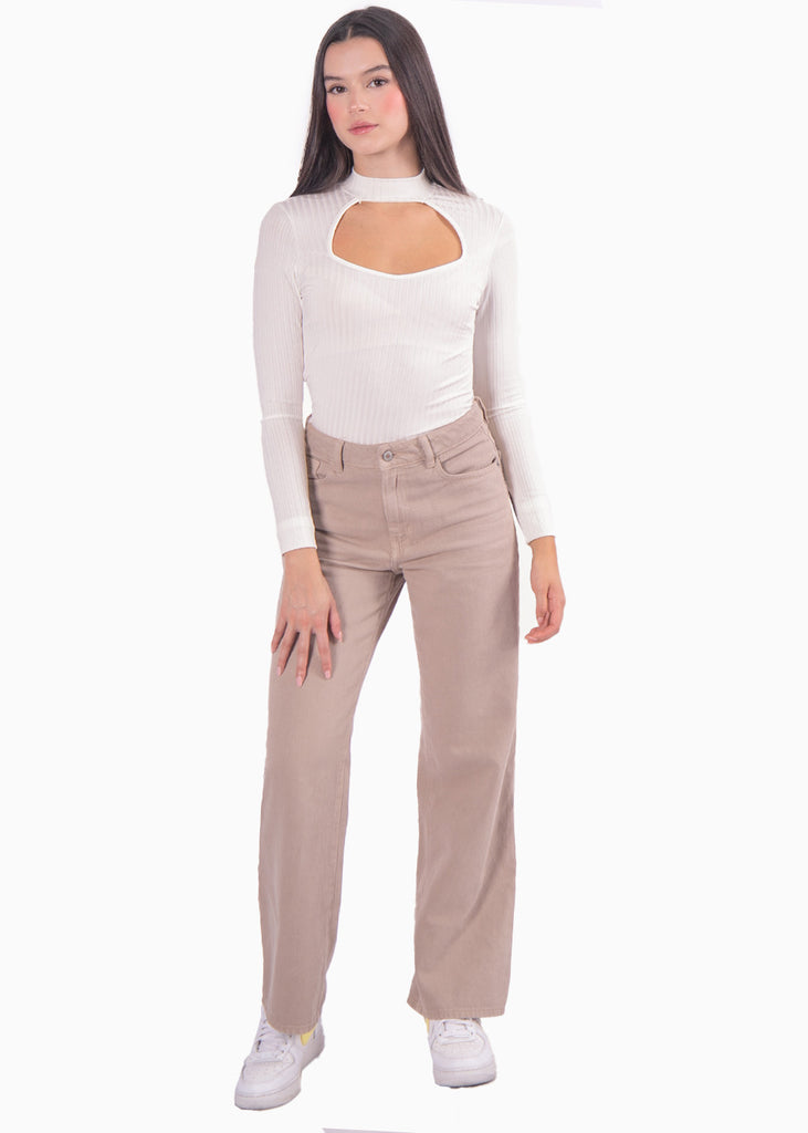 Blusa manga larga con abertura cut out en escote color blanco, marfil para mujer - Flashy