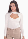 Blusa manga larga con abertura cut out en escote color blanco, marfil para mujer - Flashy