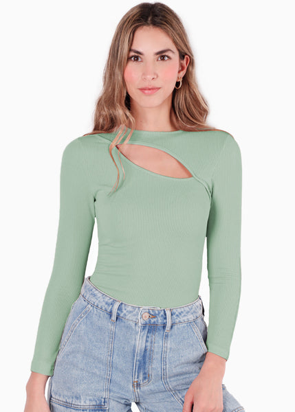 Blusa manga larga con abertura en escote - INDIANA.VERDE