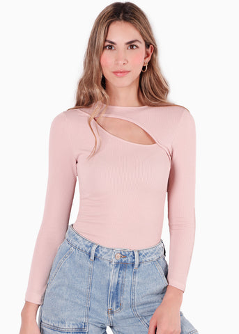 Blusa manga larga con abertura en escote color rosado para mujer - Flashy