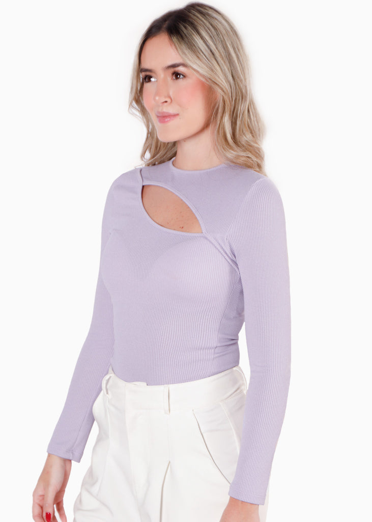 Blusa manga larga con abertura en escote color lila para mujer - Flashy