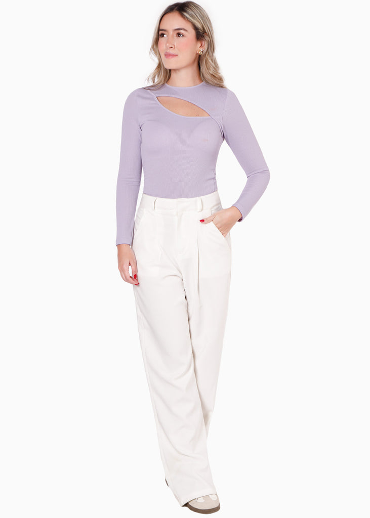 Blusa manga larga con abertura en escote color lila para mujer - Flashy