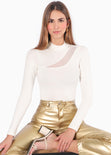 Blusa manga larga con abertura y malla en escote color blanco, marfil para mujer - Flashy