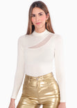 Blusa manga larga con abertura y malla en escote color blanco, marfil para mujer - Flashy