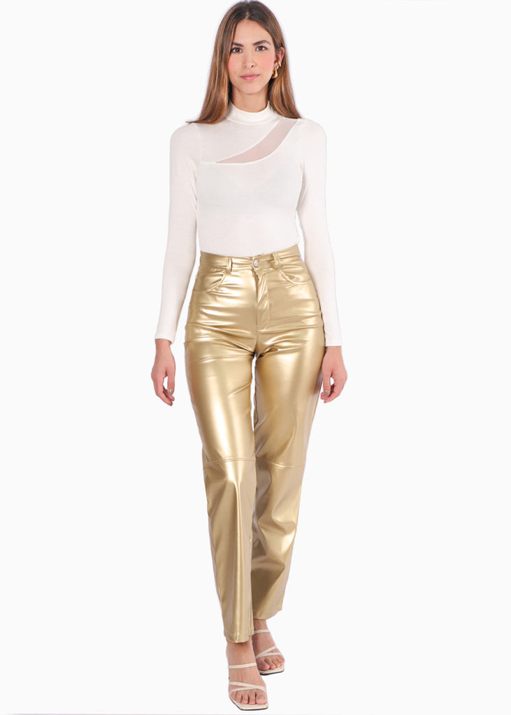 Blusa manga larga con abertura y malla en escote color blanco, marfil para mujer - Flashy