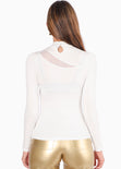 Blusa manga larga con abertura y malla en escote color blanco, marfil para mujer - Flashy