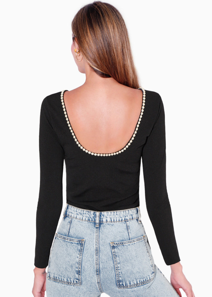 Blusa manga larga con aplique de perlas en espalda color negro para mujer - Flashy