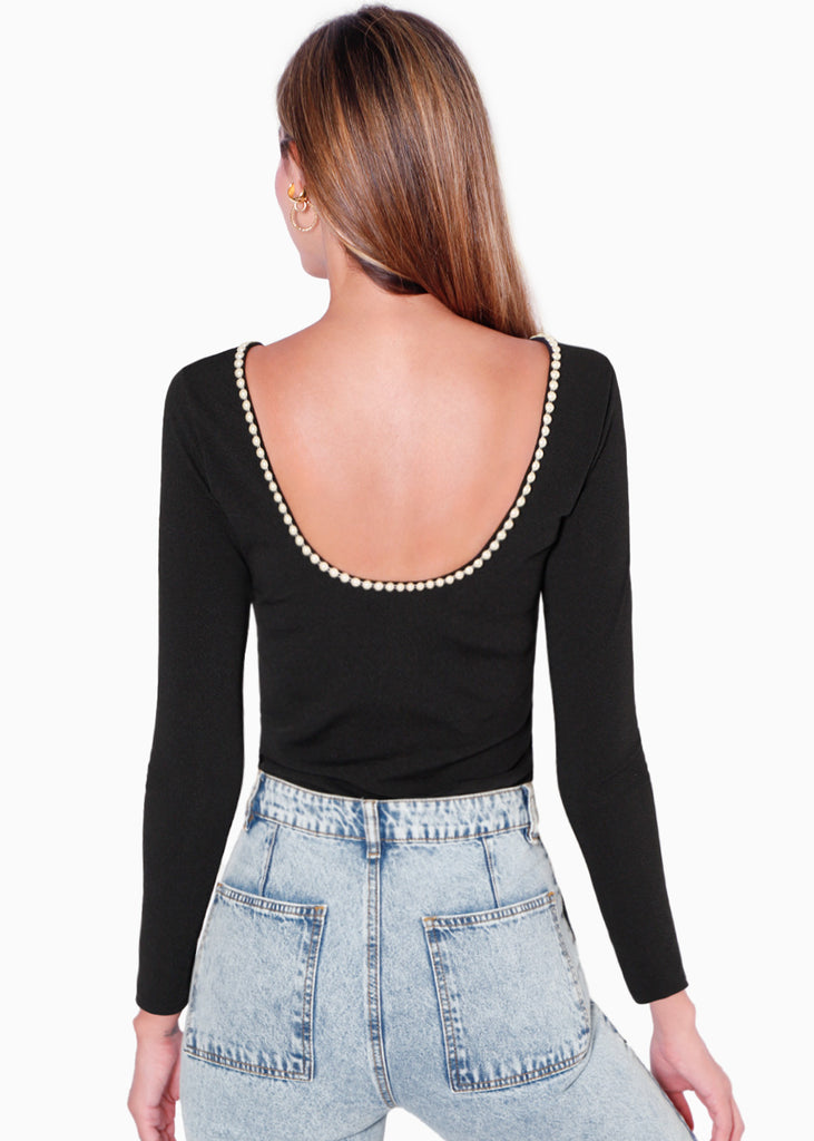 Blusa manga larga con aplique de perlas en espalda color negro para mujer - Flashy