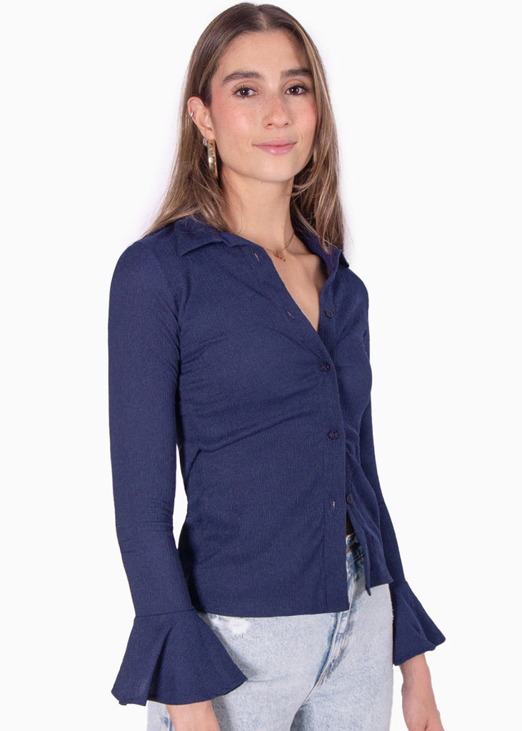 Blusa manga larga con botones y boleros en mangas color azul para mujer - Flashy