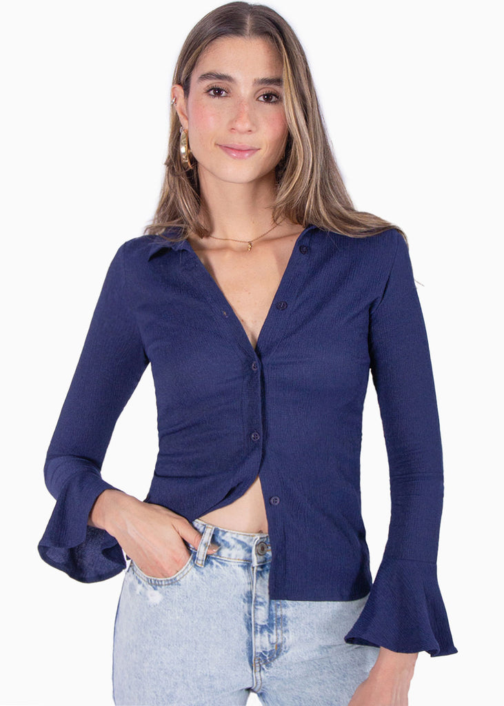 Blusa manga larga con botones y boleros en mangas color azul para mujer - Flashy