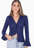 Blusa manga larga con botones y boleros en mangas color azul para mujer - Flashy