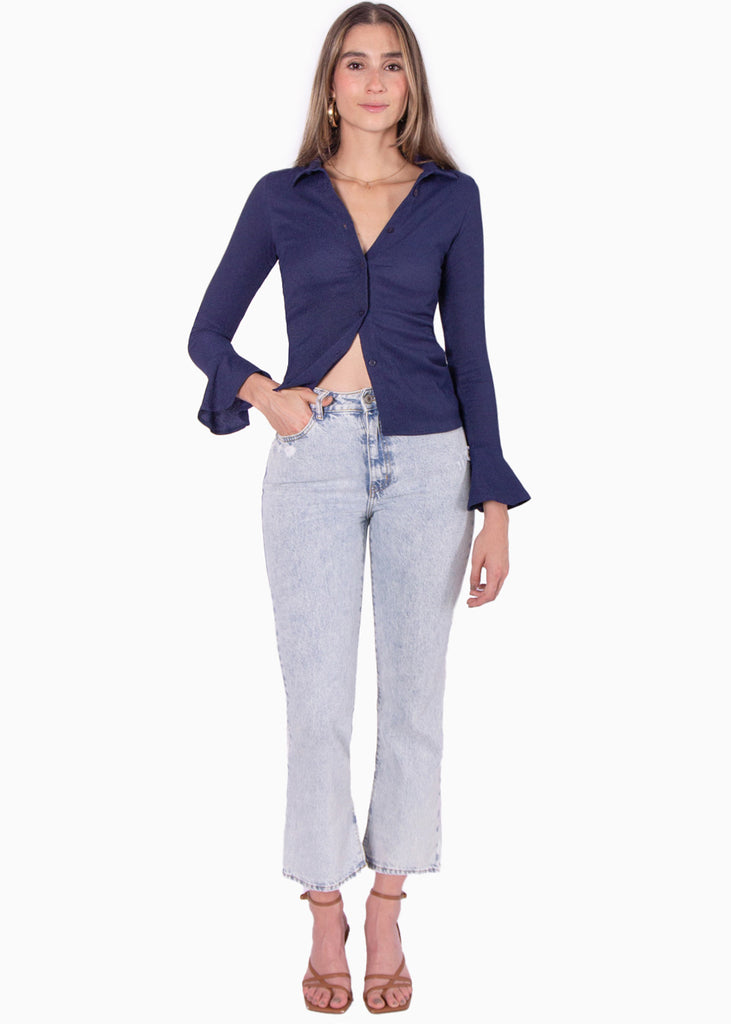 Blusa manga larga con botones y boleros en mangas color azul para mujer - Flashy