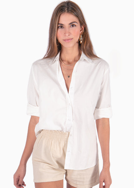 Camisa manga larga con botones y cuello color blanco para mujer - Flashy